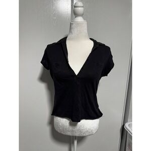 Energie Womens Black Sheer Cotton Polo Shirt Short Sleeve V-Neck Crop Top Size M